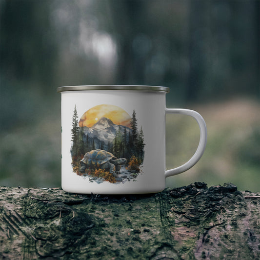 Jade Turtle Mountain Turtle design enamelware mug sits on a horizontal tree in the forest.