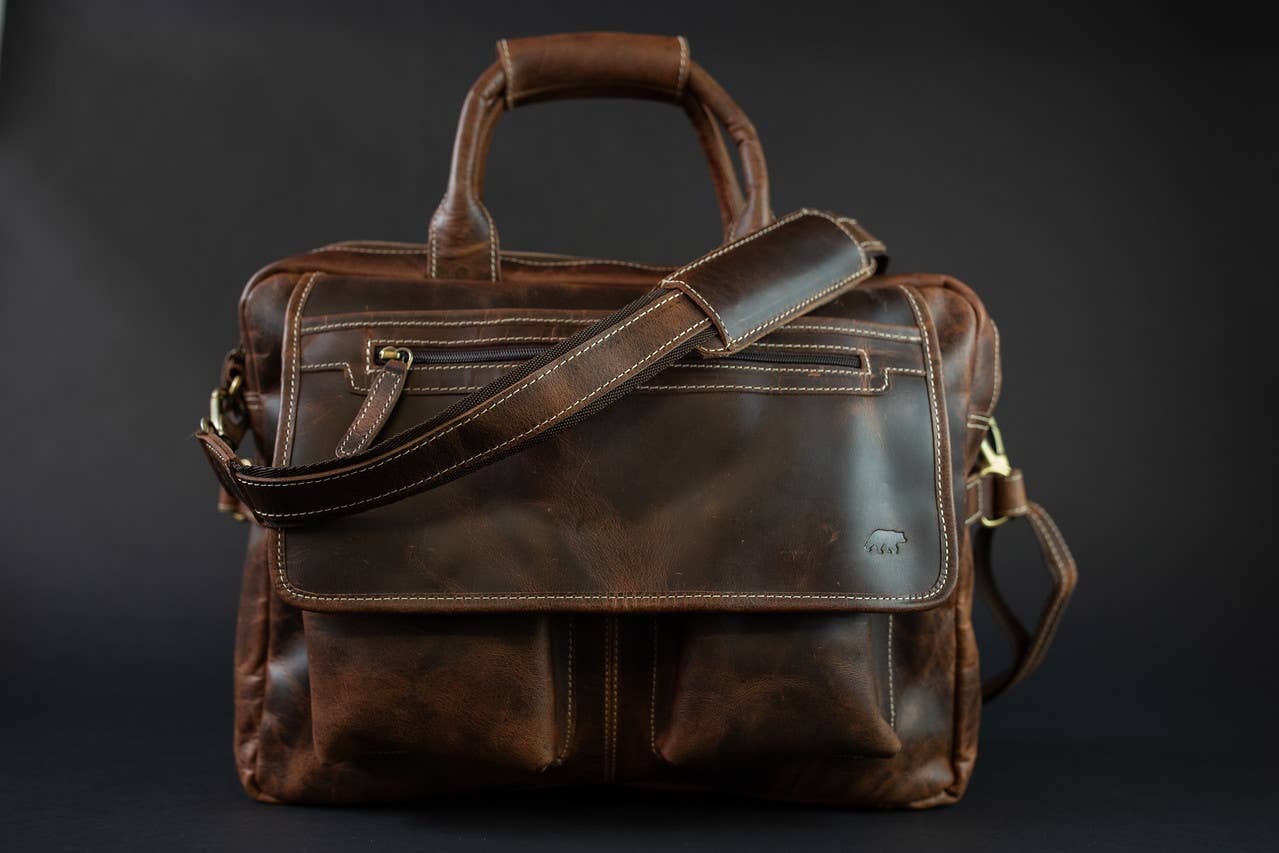 Display photo of a dark brown leather pilot bag.