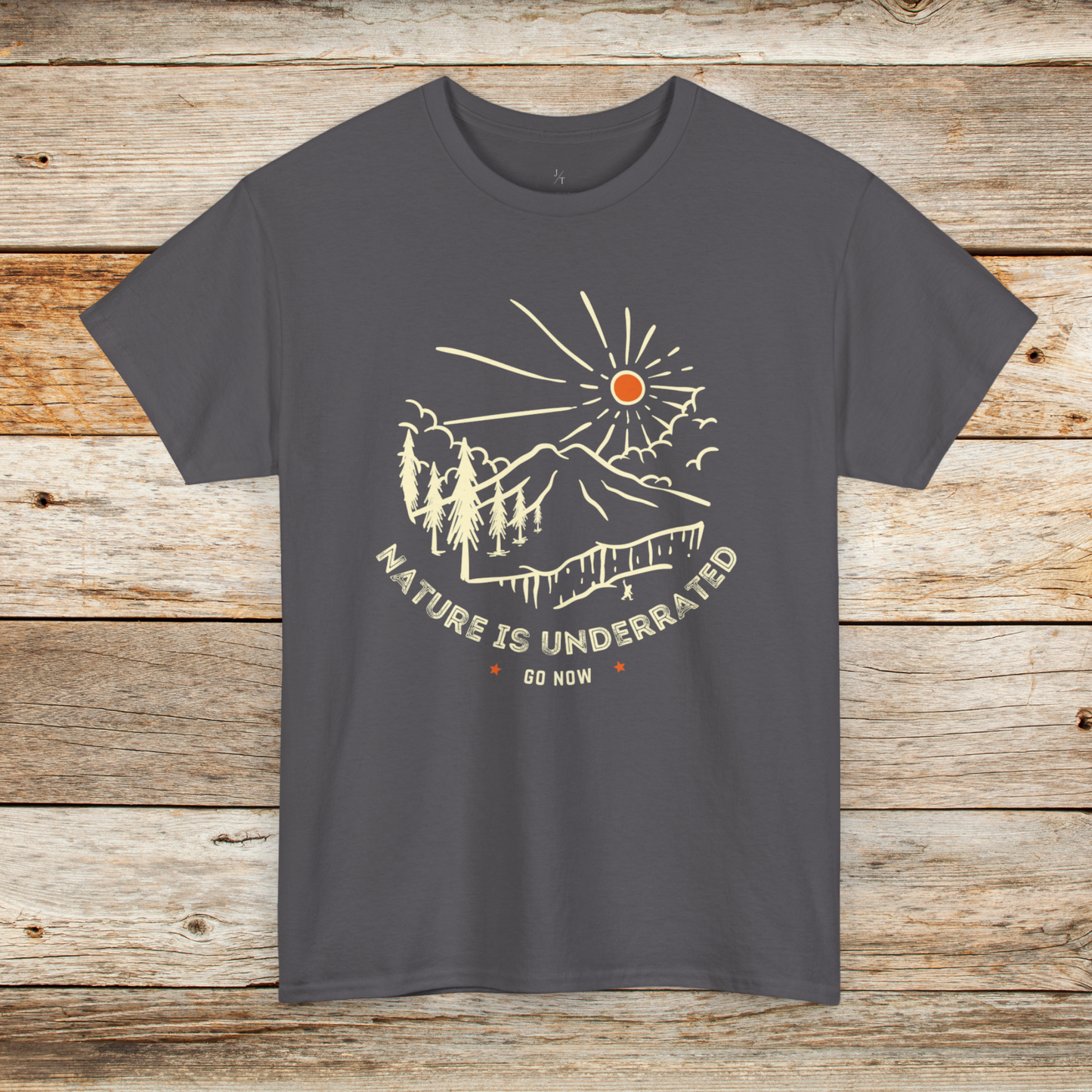 Charcoal colored tee shirt with Nature is Underrated graphic with mountains, trees and sunshine.