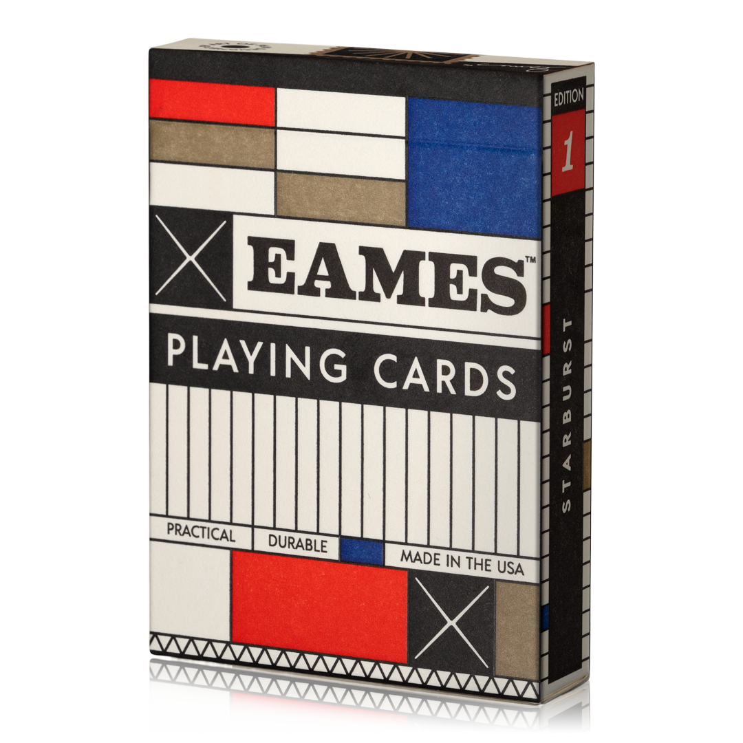 Closeup of an Eames Playing Card box. On the side it shows "Edition 1" and "Starburst".