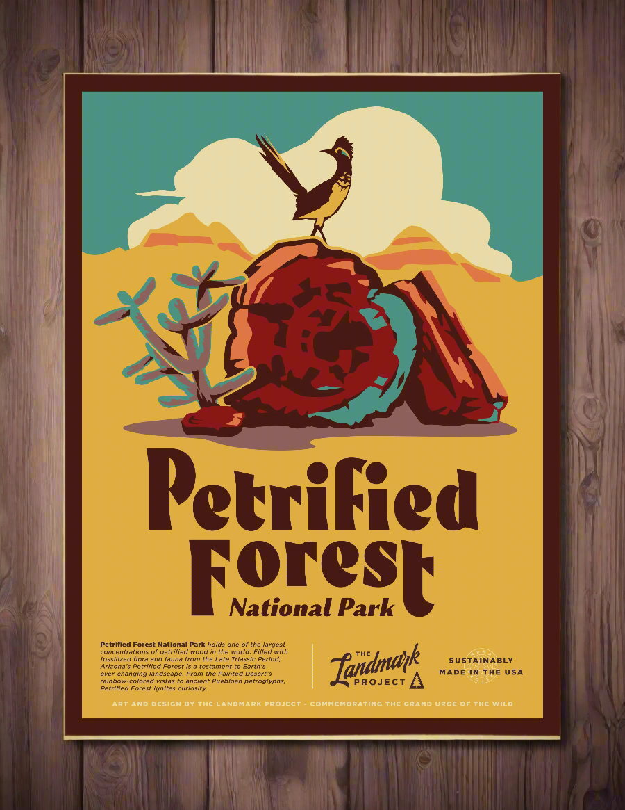 Petrified Forest National Park poster on a wooden background. The poster has a brown border and the text is the same color brown. The scene is a small bird, appears to be a Roadrunner, atop a fallen log with greenery beside it. There are Arizona painted mountains in the background with a blue sky. The colors are an earthy toned pallette.
