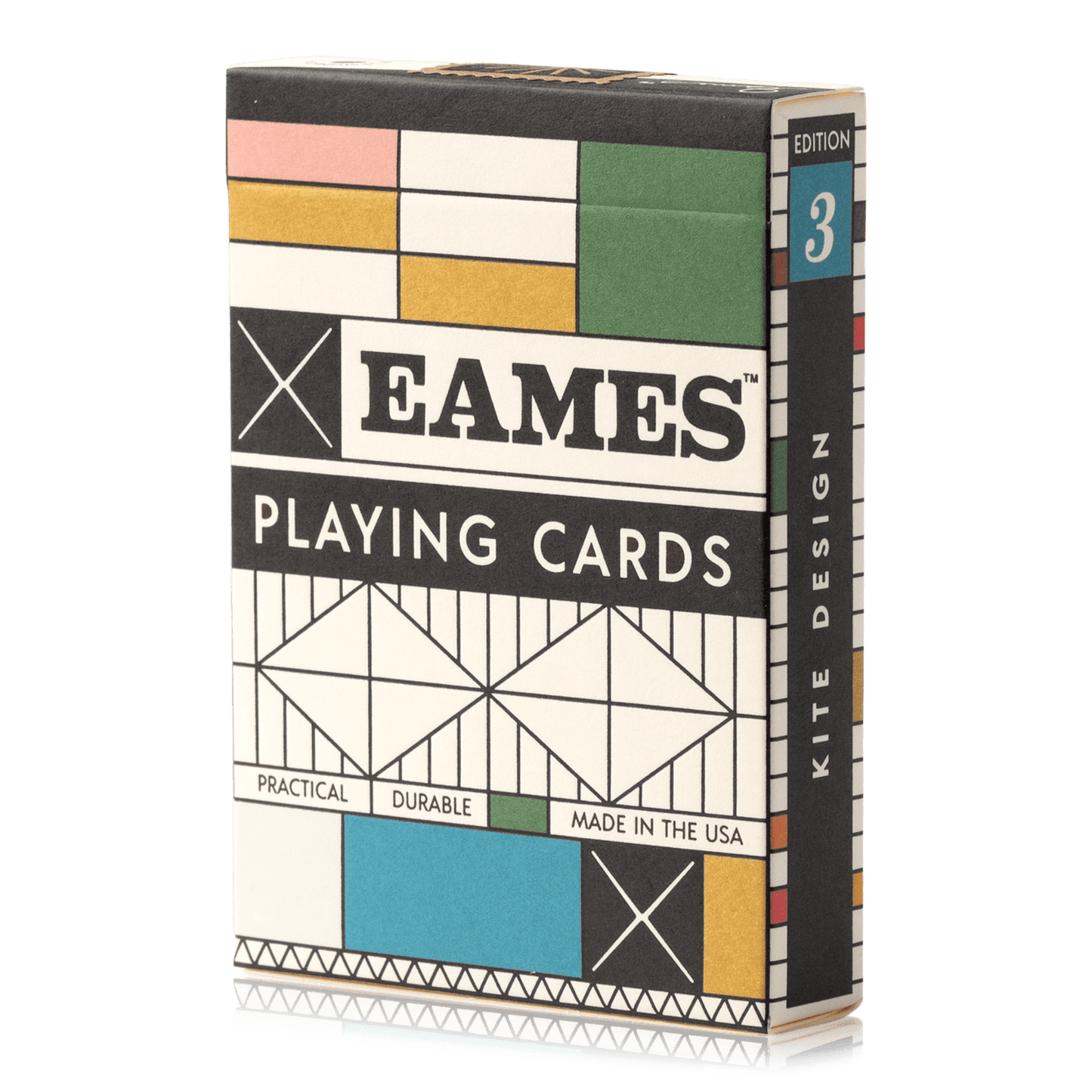 A closeup of an Eames Playing Cards box. The side of the box shows Edition 3 and Kite Design.