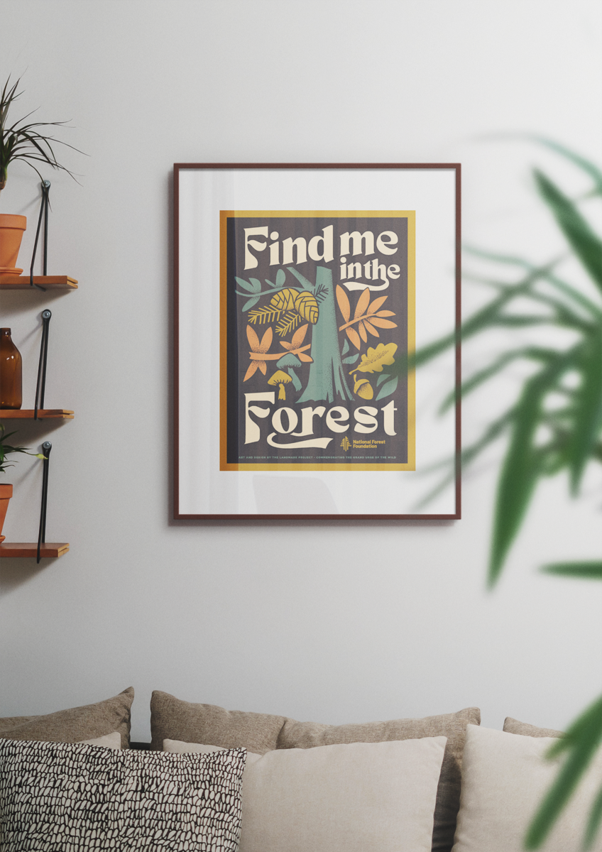 Framed poster on a living room wall hung above neutral colored couch with plants on shelves nearby. The poster says "Find me in the Forest" and has warm earthy tones. The text surrounds an image of a tree with leaves and cones, mushrooms and nuts.