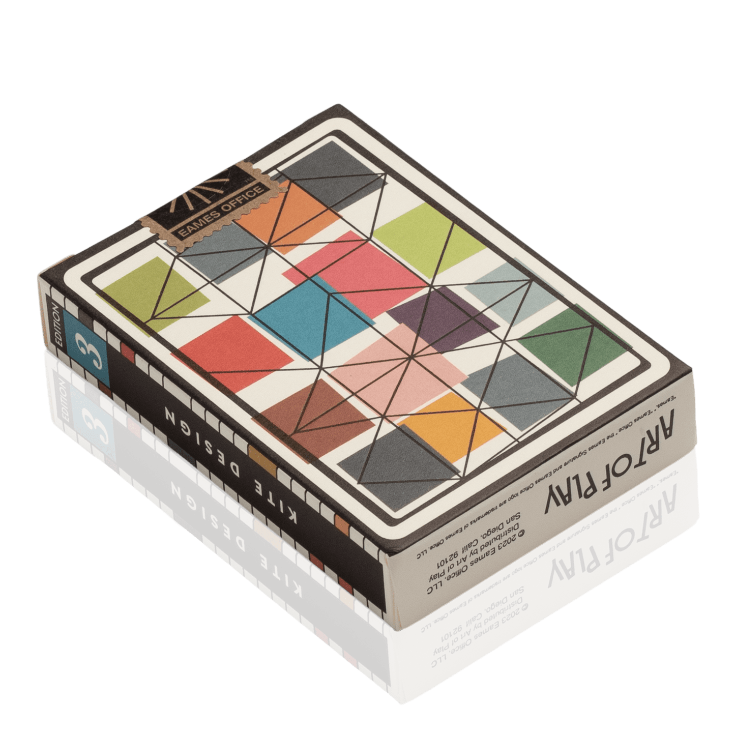 Closeup of an Eames Playing Card box showing Edition 3, Kite Design and Art of Play brand.