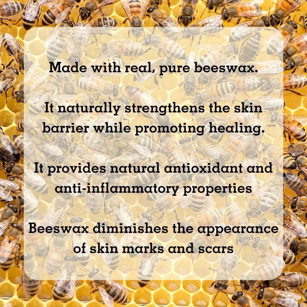 A honeycomb and bee photo overlaid with info about Badgerface Beauty Products beewax.
"Made with real, pure beeswax."
"It naturally strengthens the skin barrier while promoting healing."
"It provides natural antioxidant and anti-inflammatory properties."
"Beeswax diminishes the appearance of skin marks and scars."