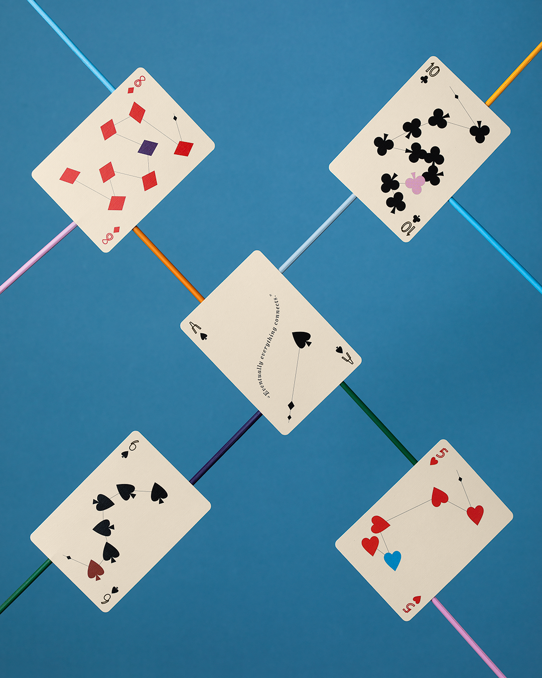 Blue background behind five playing cards face up showing their unique design. The suits of each card are represented in an unusual pattern that does not match traditional playing cards.