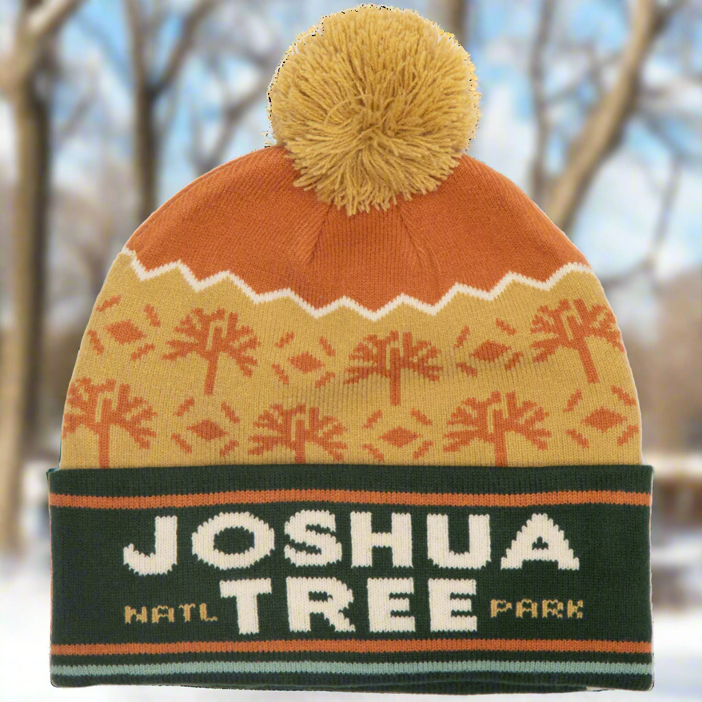 Orange and green Josua Tree Nat'l Park pom beanie with winter trees and blue sky in the background.