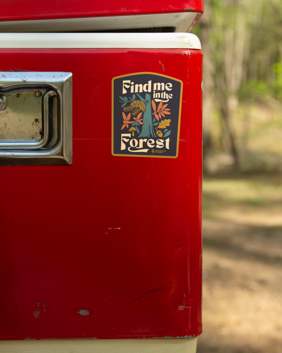 Find me in the Forest sticker attached to an old red metal cooler outside in the woods. This vinyl sticker made by The Landmark Project. The sticker image shows the text "Find me in the Forest" and an image of a tree with leaves and cones, mushrooms and nuts. The colors are earth toned with blue-green, dark brown, gold and burnt orange.